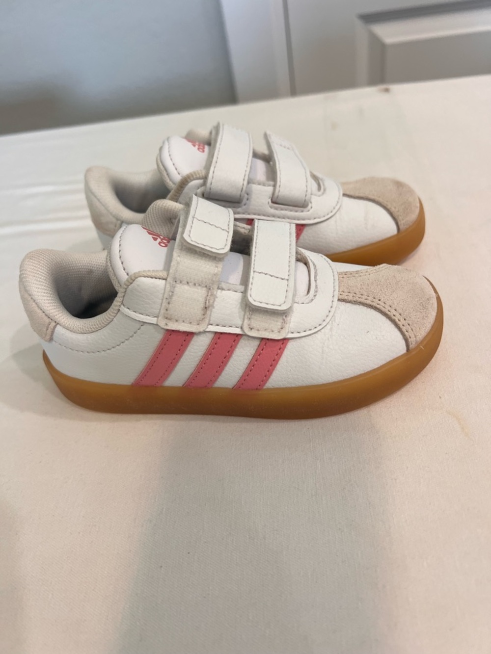 adidas White Kids Sneakers with Pink Stripes and Gum Sole - Velcro - Picture 3 of 8